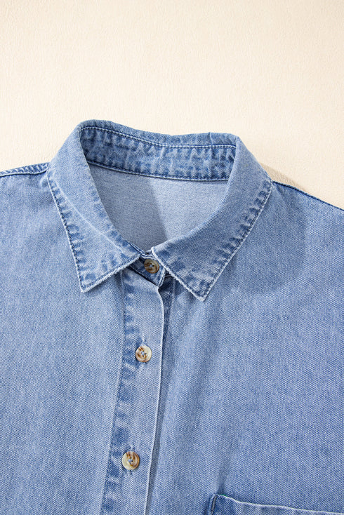 Dusk Blue Short Sleeve Pocketed Button up Denim Tunic Dress