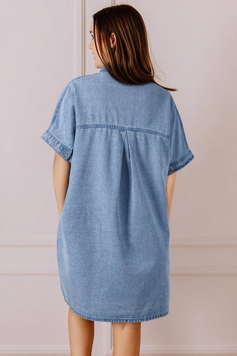 Dusk Blue Short Sleeve Pocketed Button up Denim Tunic Dress