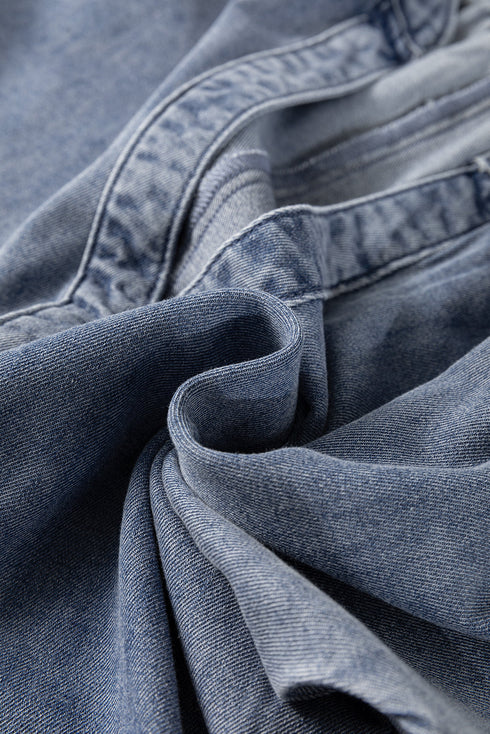 Dusk Blue V Neck Ruffled Short Puff Sleeve Denim Top