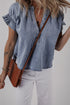 Dusk Blue V Neck Ruffled Short Puff Sleeve Denim Top