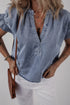 Dusk Blue V Neck Ruffled Short Puff Sleeve Denim Top