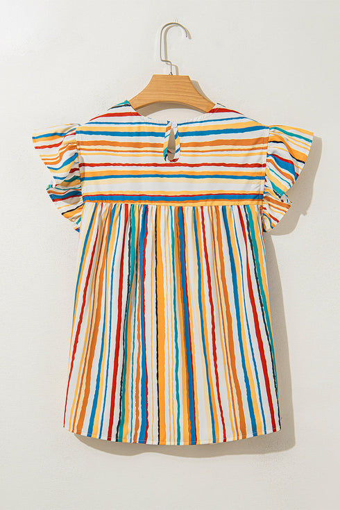 Dynamic Stripe Print Flutter Sleeve Babydoll Silhouette Blouse Top