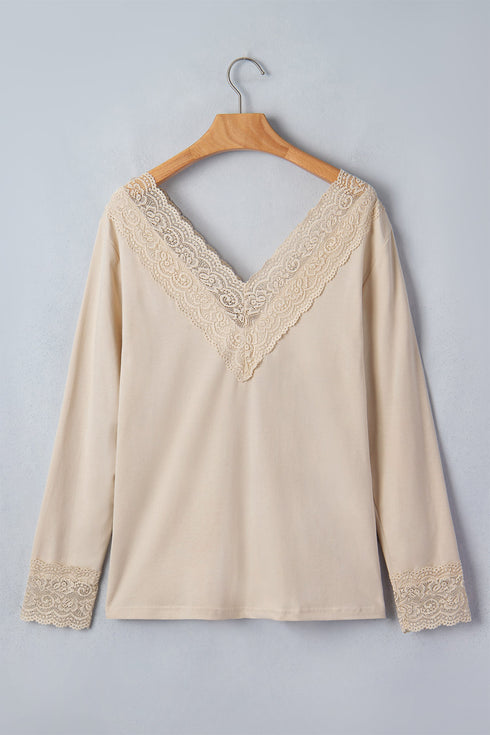 Intricate Lace Spliced V Neck Long Sleeve Top
