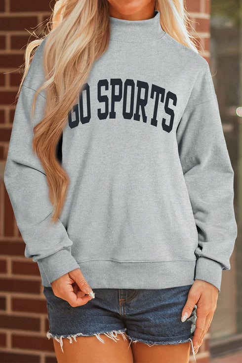Letter Graphic Mock Neck Equal Polyester Cotton Blend Sweatshirt