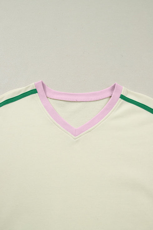 Ribbed Patchwork Trim Sporty V Neck Two Piece Set