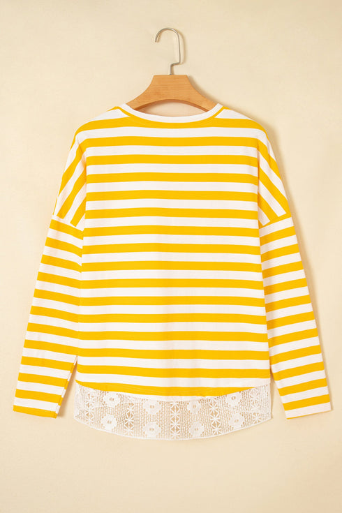 Striped Lace Patchwork V Neck Cotton Long Sleeve Top