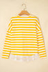 Striped Lace Patchwork V Neck Cotton Long Sleeve Top