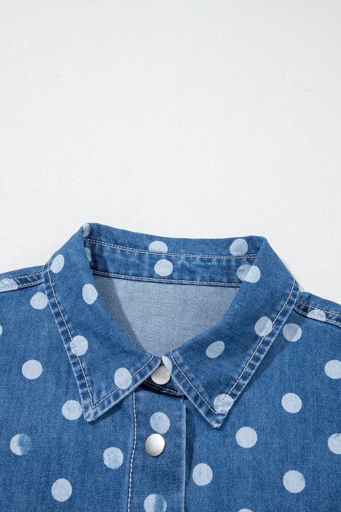 Polka Dot Long Sleeve Collar Shift Tunic Denim Jacket