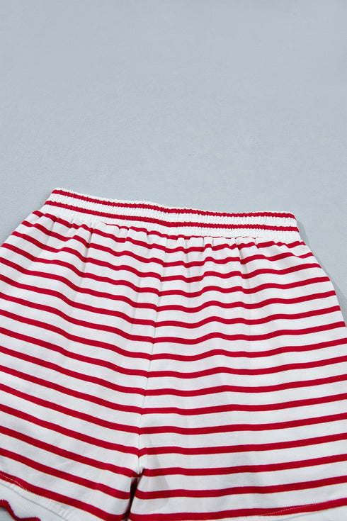 Stripe Scallop Trim Casual Top 2Pcs Short Set