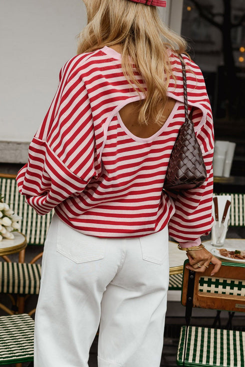 Striped Cutout Open Back Long Sleeve Loose Top