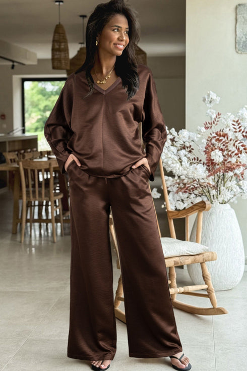 Braided V Neck Long Sleeve Wide Leg Pant Set