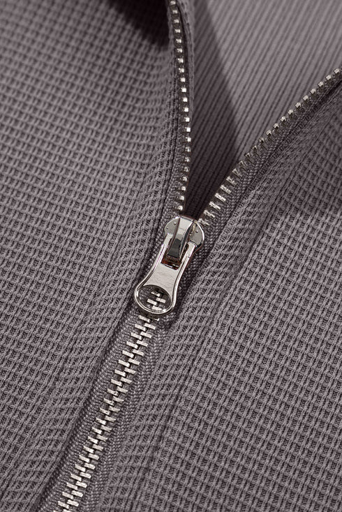 Waffle Textured Collar Half Zip Pocketed Drop Shoulder Sweatshirt