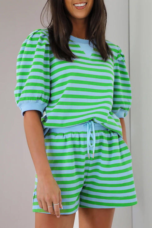 Stripe Patchwork Puff Sleeve Matching Short Set
