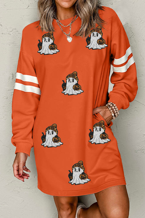 Sequin Ghost Pattern Varsity Sleeve Sweatshirt Pockets Dress