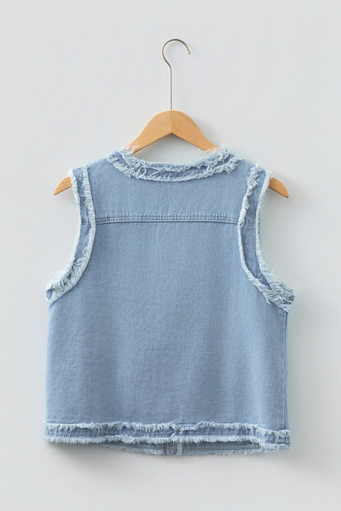 Modern Solid Frayed Edge Flap Pocket Denim Vest
