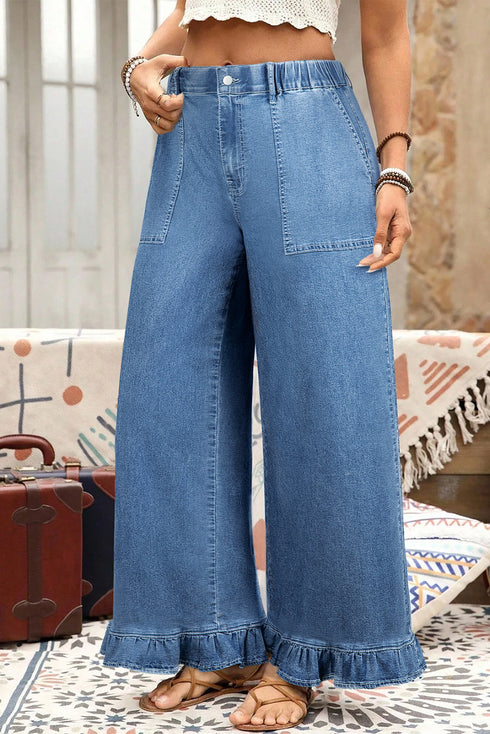 Elastic Waist Ruffled Wide Leg Denim Pants