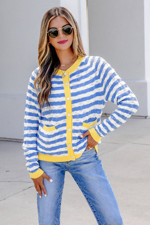 Striped Button Front Long Sleeve Loose Fit Knit Cardigan
