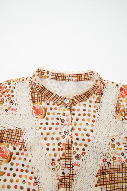 Floral Lace Trim Button Down Long Sleeve Blouse