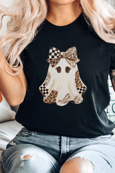 Checkered Leopard Ghost Print Round Neck Tee