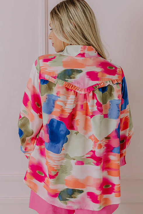 Abstract Floral Print Ruffle Detail Button Down Shirt