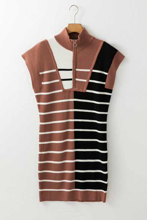 Striped Ribbed Knit Half Zip Mini Dress