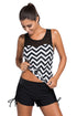 Zigzag Print Mesh Yoke Sleeveless Tankini Top