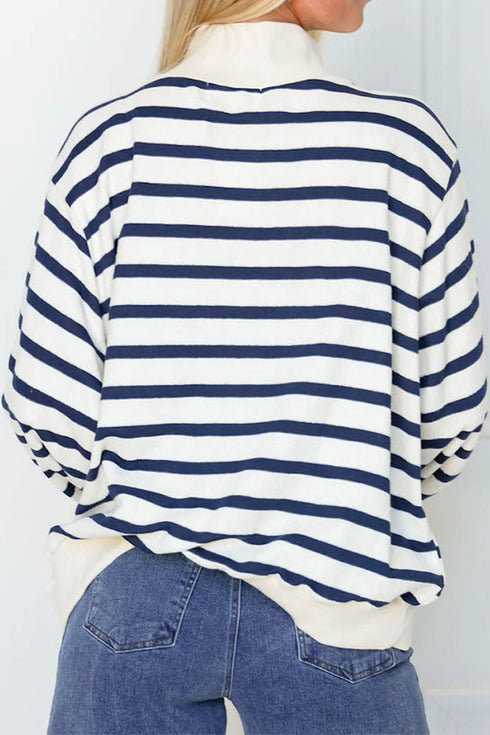 Striped Sequin Rugby Print Mock Neck Sweatshirt