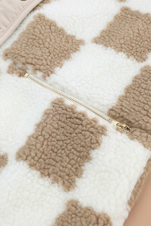 Checkered Plaid Sherpa Fleece Snap Button Jacket