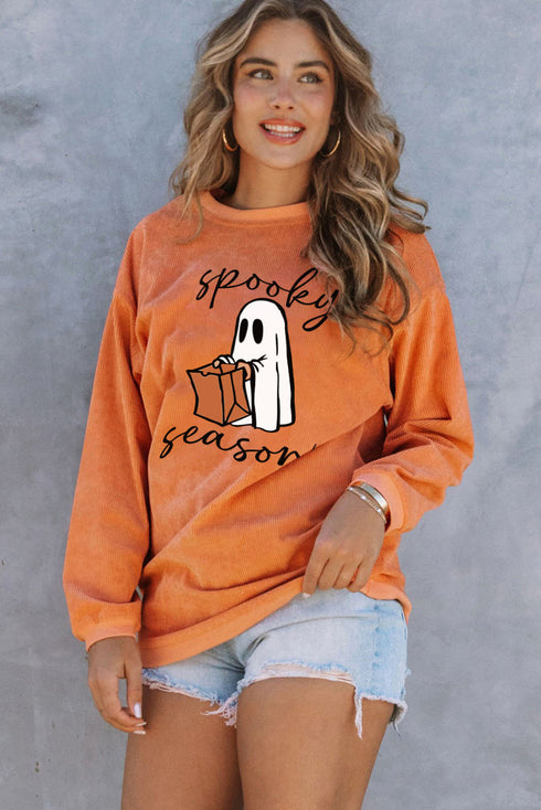 Corded Texture Spooky Season Graphic Pullover Sweatshirt