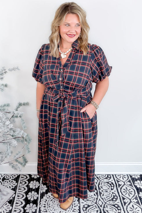 Plaid V Neck Belted Waist Short Sleeve Maxi Dress