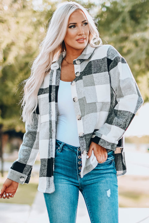 Paneled Pocketed Button Down Long Sleeve Plaid Shacket