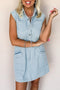 Stripe Collared Button Front Sleeveless Denim Mini Dress