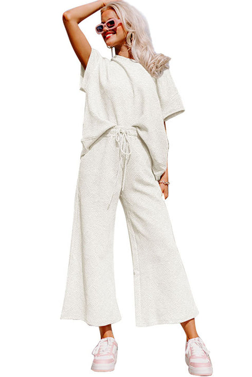Textured Solid Loose Fit Wide Leg Pant Set