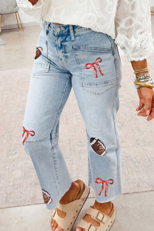 Sequin Rugby Bow Graphic Raw Hem Shift Pants