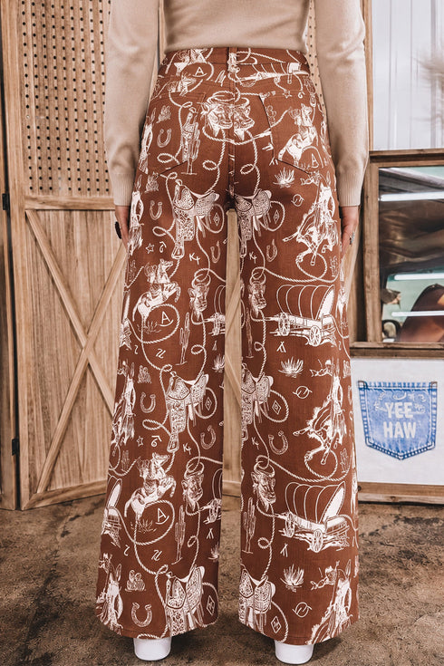 Western Print Motif Shift Silhouette Denim Jeans