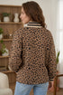 Leopard Print Striped Collar Textured Long Sleeve Pullover Top
