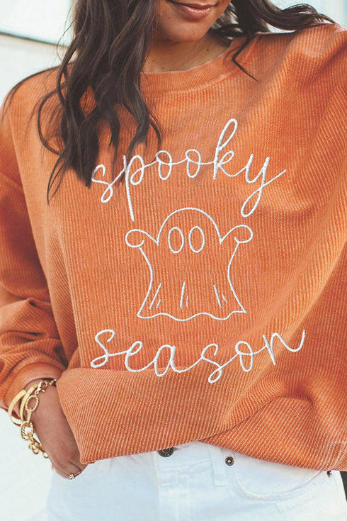 Spooky Embroidered Letter Graphic Corded Texture Sweatshirt