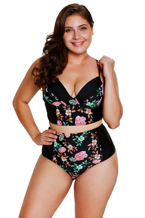 Floral Print High Waisted Bustier Bikini Set