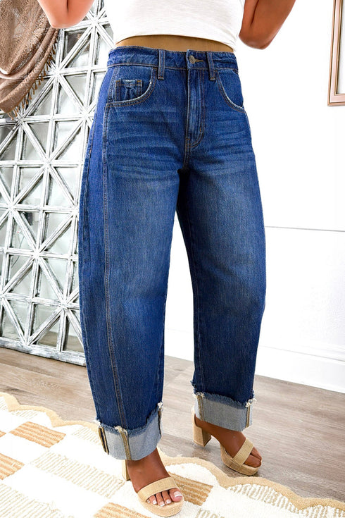 Turnup Raw Hem Loose Barrel Ankle Length Jeans