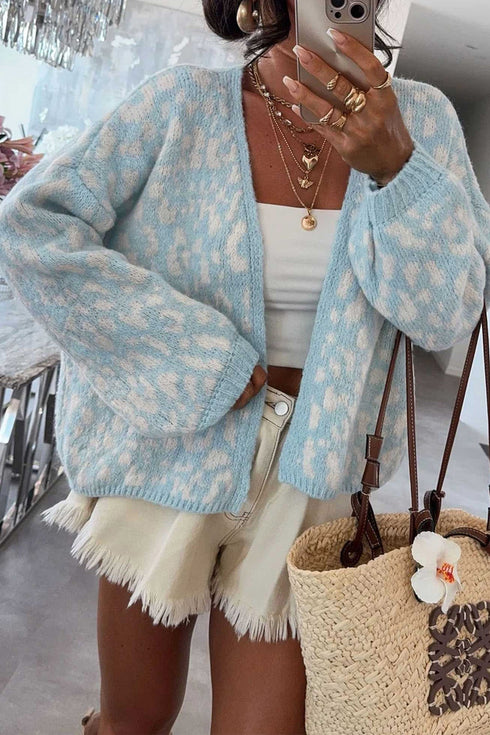Leopard Print V Neck Long Sleeve Loose Fit Knit Cardigan