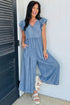 Ruffled Short Sleeve Button V Neck Wide Leg Denim Jumpsuit