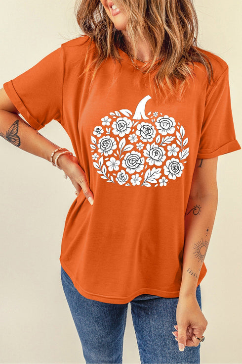 Floral Pumpkin Graphic Cuffed Sleeve Statement Tee