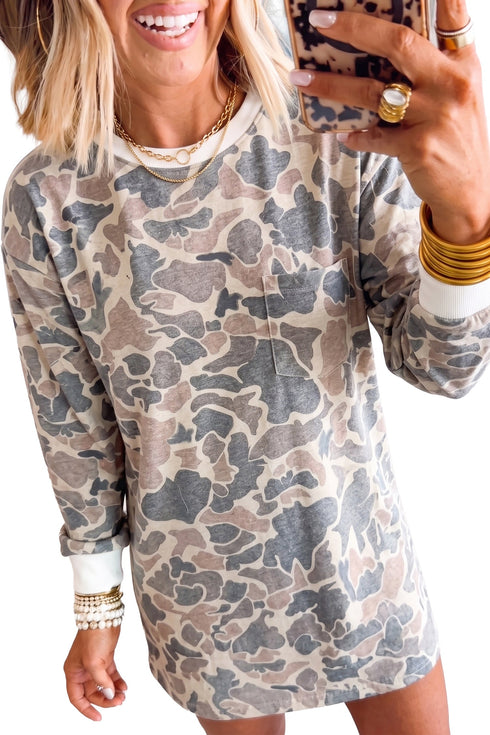 Botanical Camo Print Long Sleeve Pocket Mini Dress