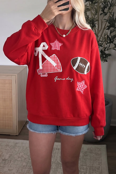 Gingham Patch Embroidered Rugby Print Stars Sweatshirt