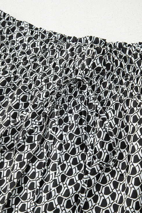 Bohemian Print Smocked High Waist Wide Leg Slit Pants