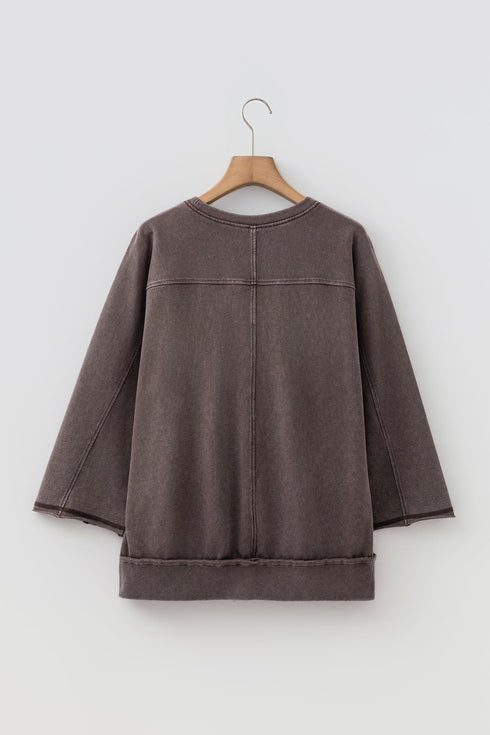 Mineral Wash Loose Cotton Three Quarter Sleeve Casual Top