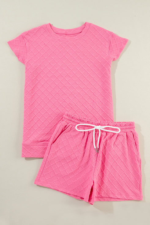 Textured Checkered Tee And Drawstring Short Sets