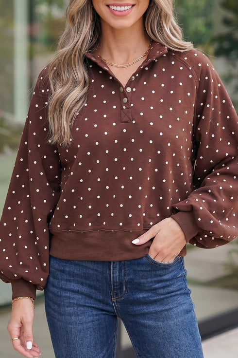 Polka Dot Print Metal Button Collar Pullover Sweatshirt