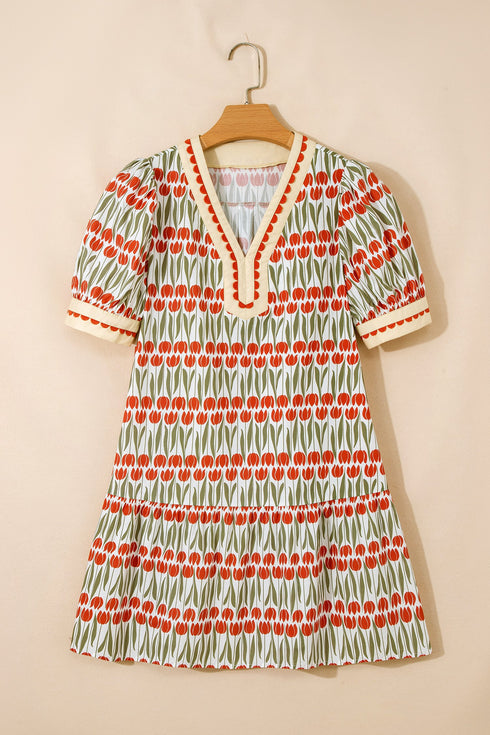 Rick Rack Tulip Print Puff Sleeve Cotton Floral Dress