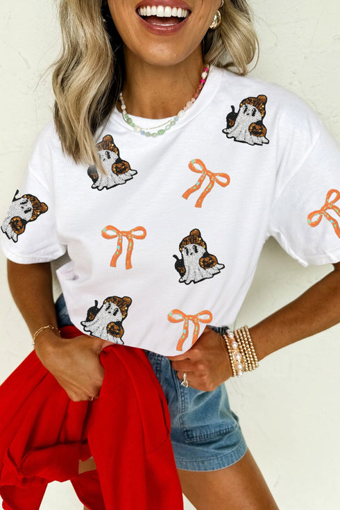 Sequin Embellished Ghost Print Graphic T Shirt
